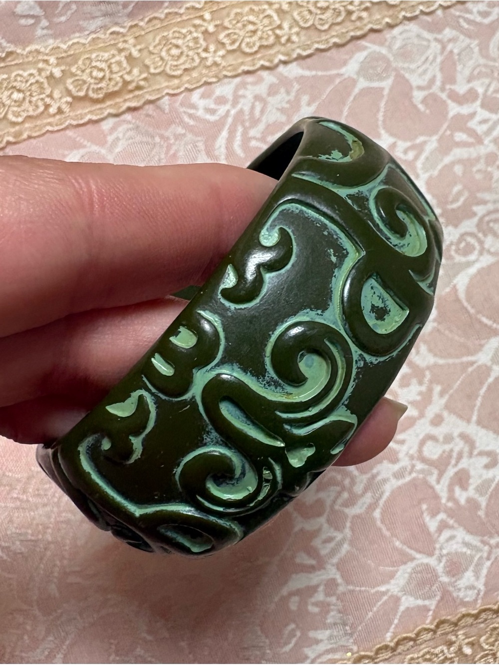 Wide Olive Green Carved Resin Bangle Bracelet Boho Statement Cuff